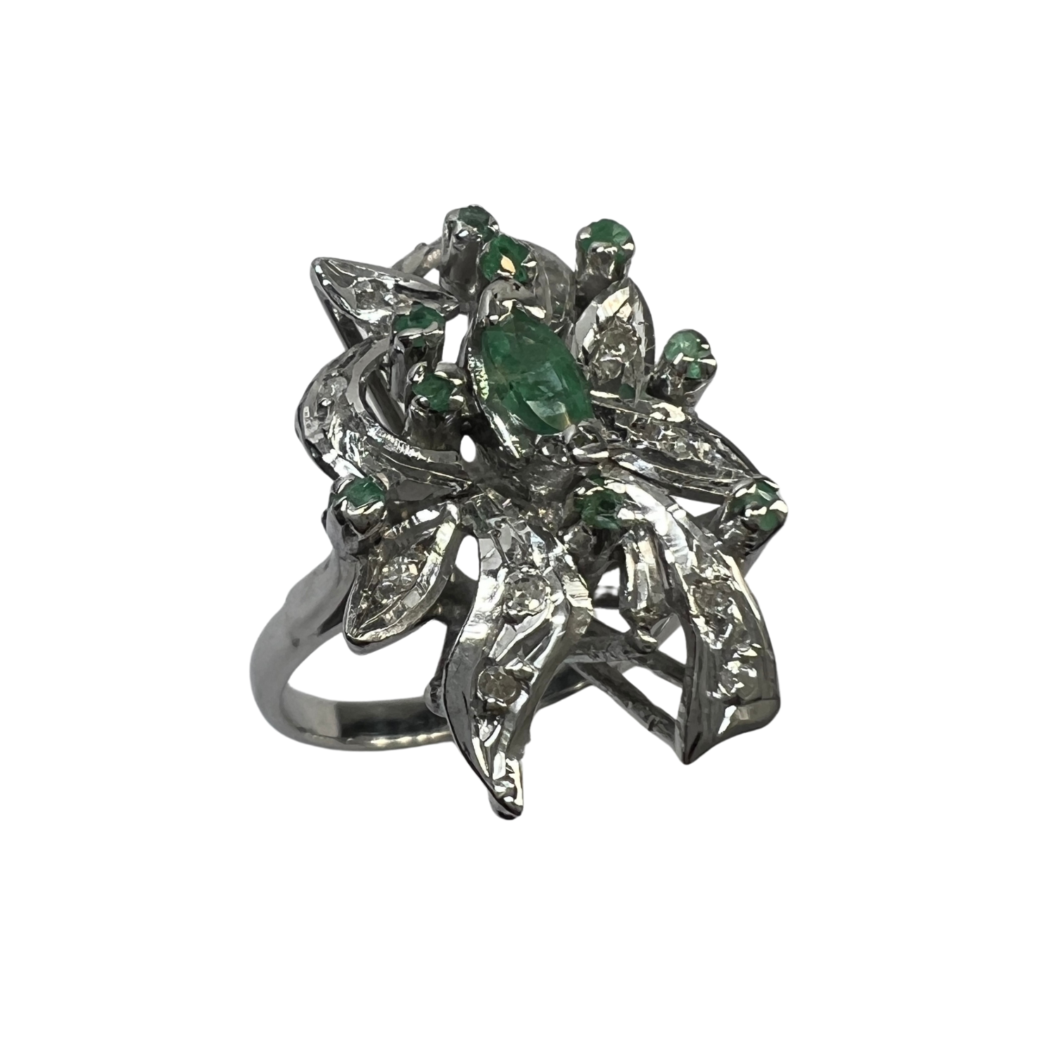 Anillo Plata Paladio con Diamantes y Esmeraldas Naturales