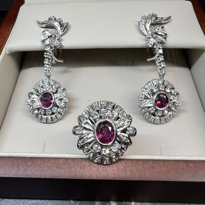 Juego de Anillo y Aretes de Plata Paladio con Rubies y Diamantes Naturales 1.68ct
