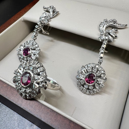 Juego de Anillo y Aretes de Plata Paladio con Rubies y Diamantes Naturales 1.68ct