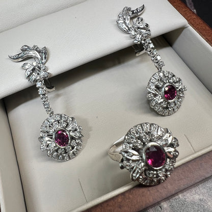 Juego de Anillo y Aretes de Plata Paladio con Rubies y Diamantes Naturales 1.68ct