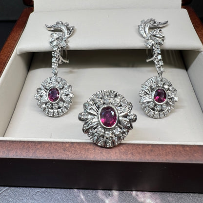 Juego de Anillo y Aretes de Plata Paladio con Rubies y Diamantes Naturales 1.68ct