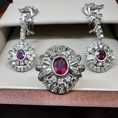 Juego de Anillo y Aretes de Plata Paladio con Rubies y Diamantes Naturales 1.68ct