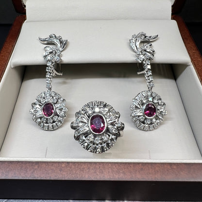 Juego de Anillo y Aretes de Plata Paladio con Rubies y Diamantes Naturales 1.68ct