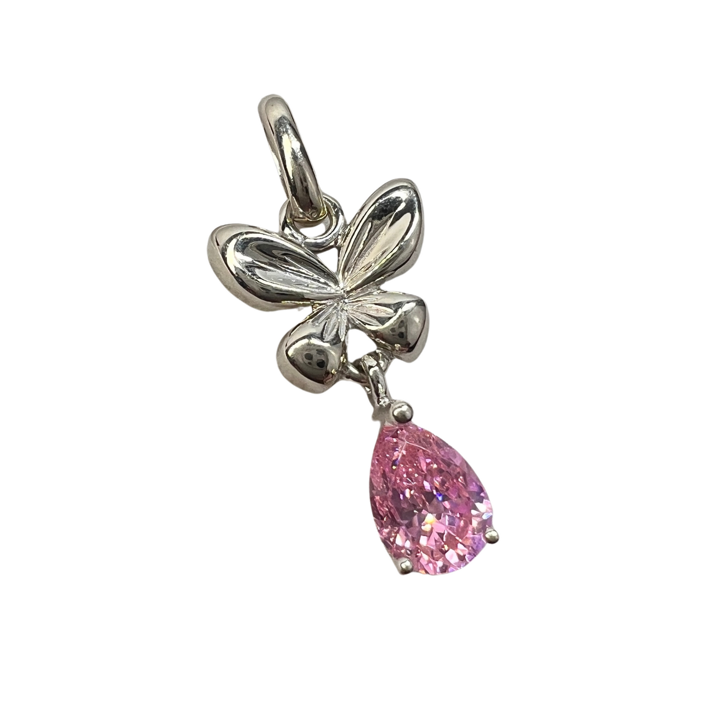 Dije Mariposa Oro Blanco 14kt con Zirconia Rosa