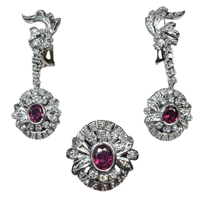 Juego de Anillo y Aretes de Plata Paladio con Rubies y Diamantes Naturales 1.68ct
