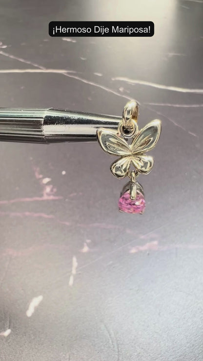 Dije Mariposa Oro Blanco 14kt con Zirconia Rosa