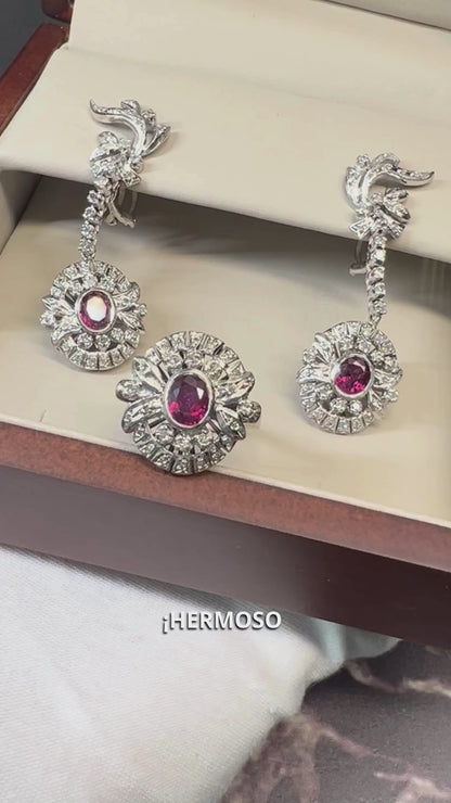 Juego de Anillo y Aretes de Plata Paladio con Rubies y Diamantes Naturales 1.68ct